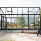 Front view of a Janssens Modern pent roof greenhouse