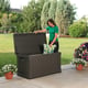 Lifetime 439 Litre Plastic Outdoor Storage Box Brown Garden Lid Open Woman