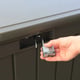 Lifetime 439 Litre Plastic Outdoor Storage Box Brown Lock Detail Hand