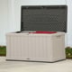 Lifetime 439 Litre Plastic Outdoor Storage Box Desert Sand Lid Open Detail