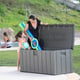 Lifetime 568 Litre Plastic Outdoor Storage Box Brown Lid Open Poolside