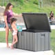 Lifetime 568 Litre Plastic Outdoor Storage Box Brown Lid Open Woman