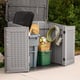 Lifetime Horizontal Plastic Outdoor Storage Unit Doors Open Woman
