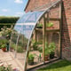 Norhage Lite Vegg 150 lean-to greenhouse with clear polycarbonate glazing and a shelf of potted herbs