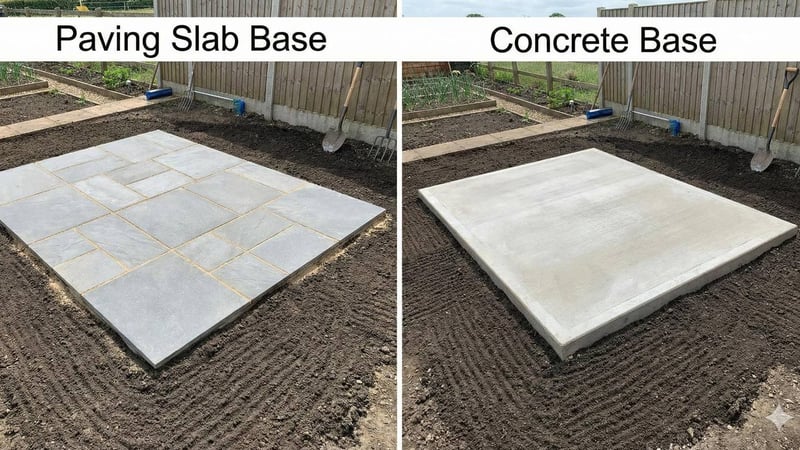 Side-by-side photograph of two recommended greenhouse base types: a solid paving slab base next to a concrete perimeter footing.