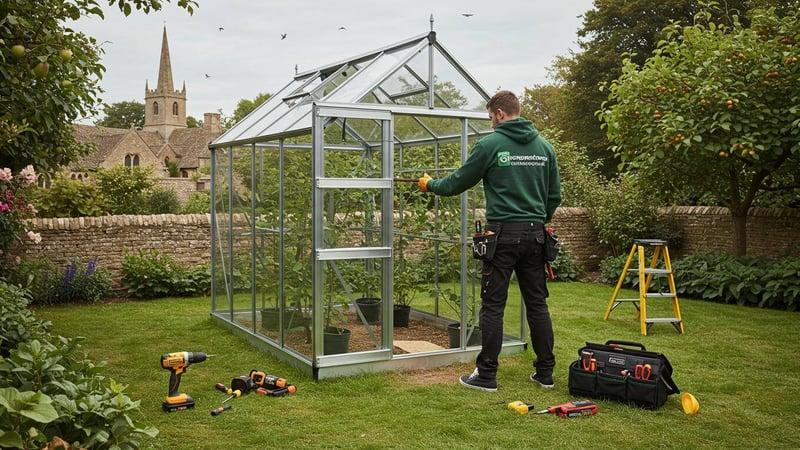 Professional greenhouse installation in progress by Greenhouse Stores' specialist fitters.