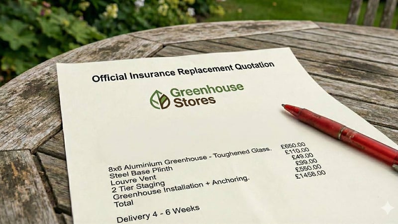 Official greenhouse insurance replacement quotation PDF showing itemised costs for insurer