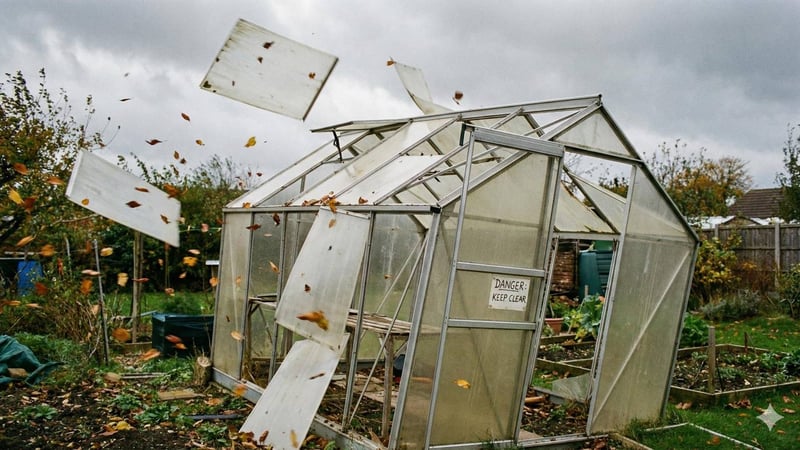 Polycarbonate greenhouse panels blown out by high winds showing structural weakness