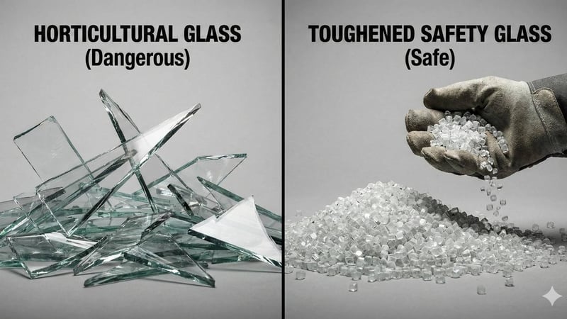 Split image comparison showing dangerous jagged shards of broken horticultural glass versus safe, small granules of broken toughened safety glass.