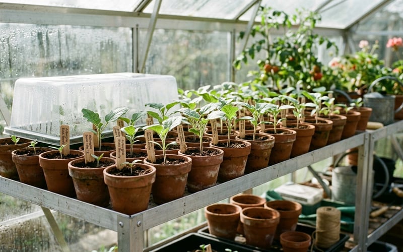 Tender seedlings on UK greenhouse staging in May before the Chelsea chop period