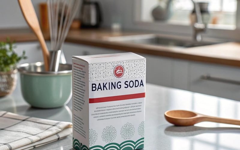 Baking soda being sprinkled on weeds growing in patio cracks as a natural alkaline weed control method