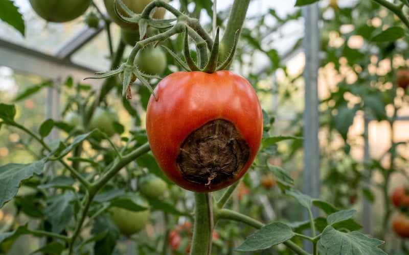 Greenhouse tomato with a dark sunken leathery patch of blossom end rot on the base of the fruit