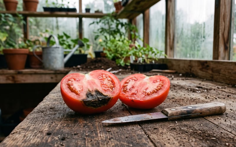 Tomato cut in half showing the dry collapsed dark tissue of blossom end rot extending inward from the base