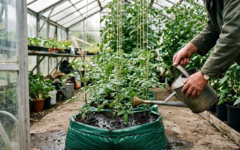 Watering a greenhouse tomato growbag with a long-spouted can to keep compost moisture steady