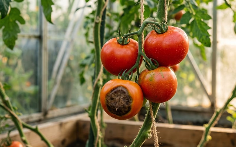 Greenhouse tomato truss with blossom end rot showing a sunken dark leathery patch on the lowest fruit