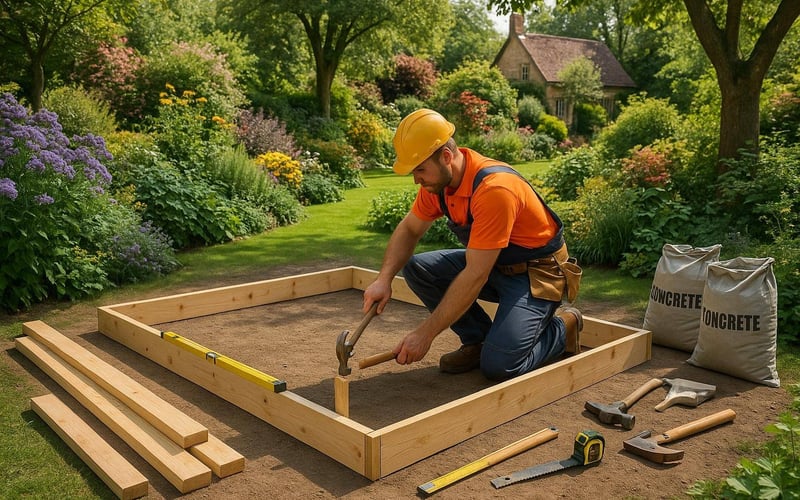 Assembling wooden shuttering in a garden, preparing to pour concrete for a greenhouse base