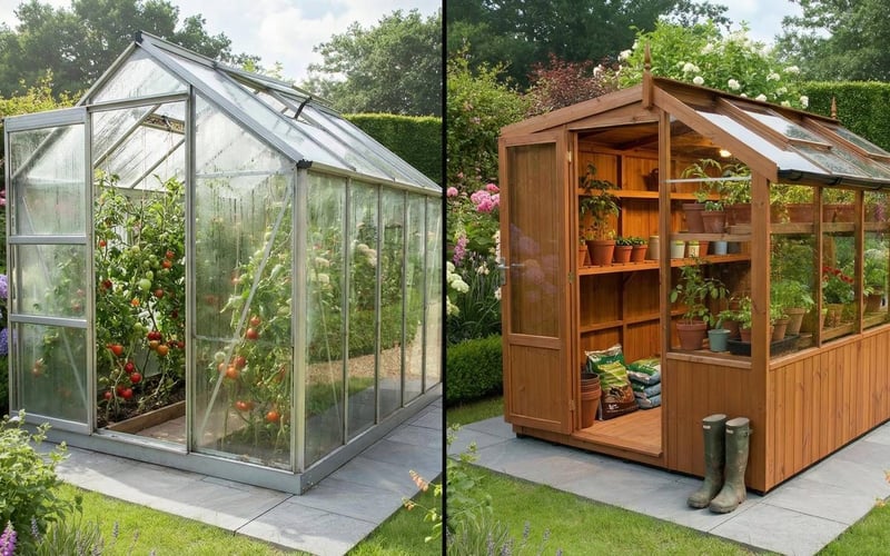 Illustration of an aluminium greenhouse and a wooden potting shed