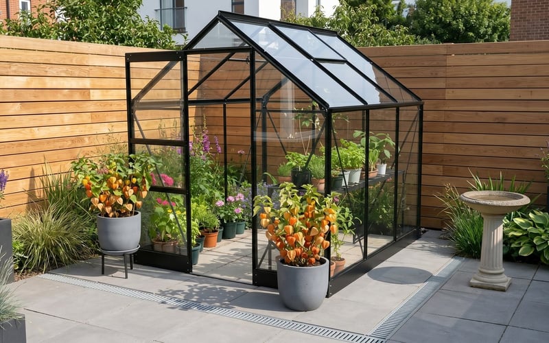 Vitavia Apollo 6x6 greenhouse in black with Cape gooseberry plants in pots by the door