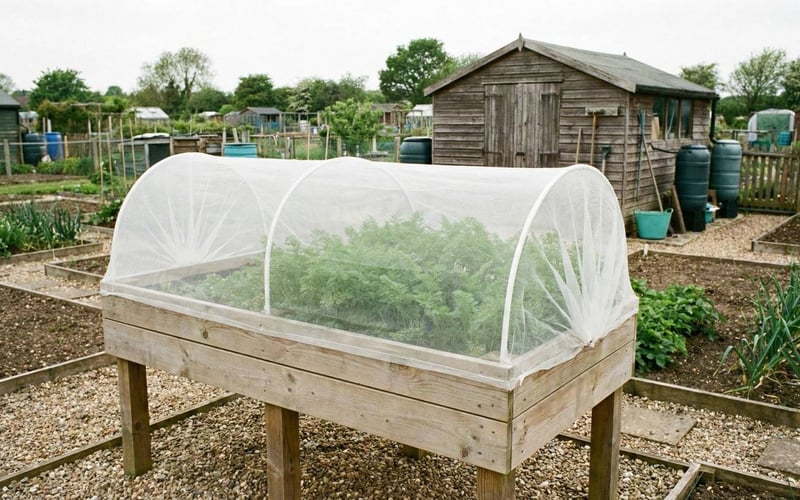Raised planting bed with mesh barrier protecting carrots from carrot fly