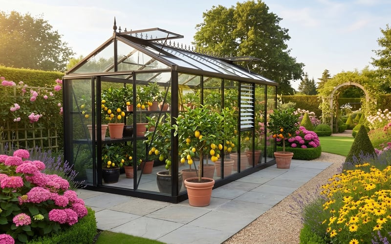 Janssens Master Victorian greenhouse in green with potted lemon trees and ripe lemons inside