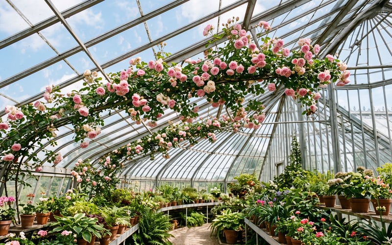Climbing rose trained along the roof bars of a tall greenhouse in full flower