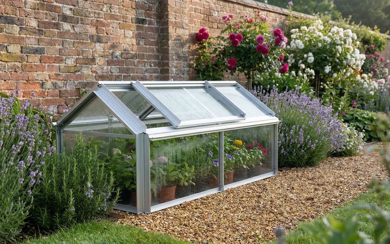 Elite Min-E-Lite cold frame against a brick wall in a cottage garden