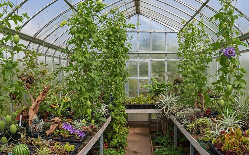 Colourful exotic plants growing in UK greenhouse including cucamelons, passionflower, and tropical varieties.