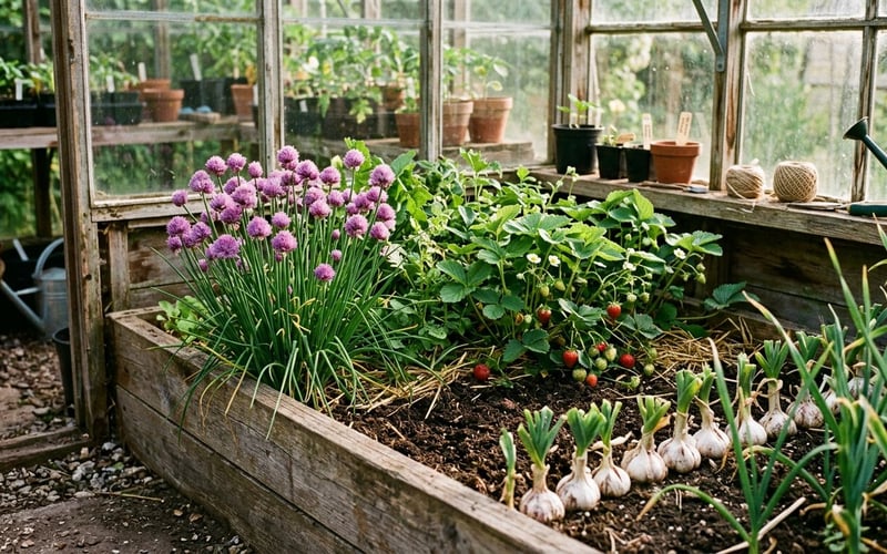 Strawberries netted in a raised bed next to a greenhouse in a UK garden in May