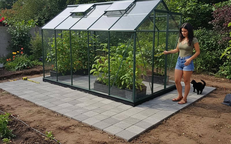 Completed paving slab greenhouse base with drainage gaps between slabs ready for greenhouse assembly