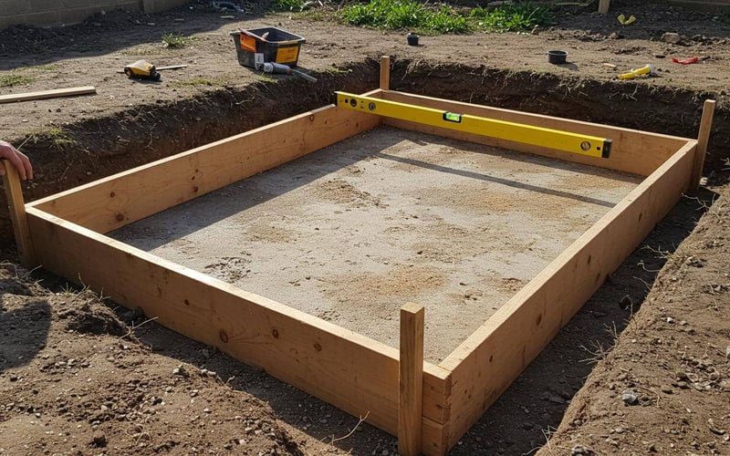 Completed wooden formwork frame with spirit level checking alignment