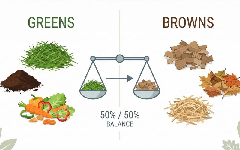 Visual diagram showing 50/50 balance between green nitrogen-rich materials and brown carbon-rich materials