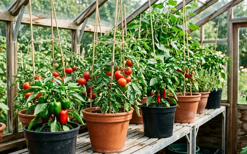 Ripe tomatoes and peppers growing in large pots on staging inside a bright UK greenhouse
