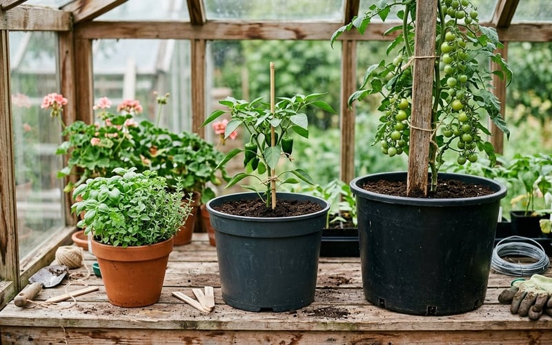 A row of greenhouse pots in three sizes planted with herbs, a pepper and a tomato to show pot size by crop