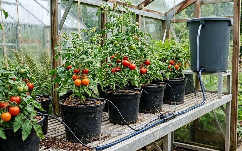 A gravity-fed self-watering reservoir feeding tomato pots on greenhouse staging