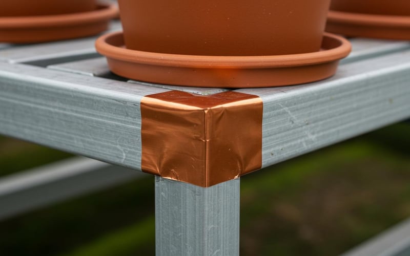 Copper tape applied around greenhouse staging legs to prevent slug access