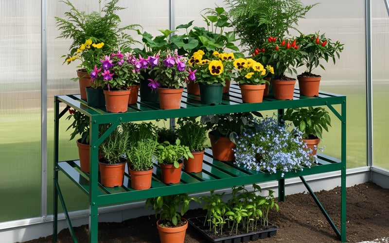 Greenhouse staging for starting courgette seedlings - Vitavia 2-tier green aluminium staging