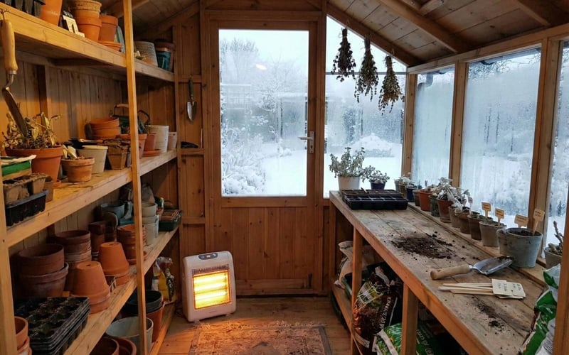 Inside a cozy wooden potting shed in winter with organised tools, seed packets, and terracotta pots ready for spring planning