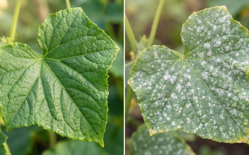 Split image showing a healthy cucumber leaf versus one with powdery mildew