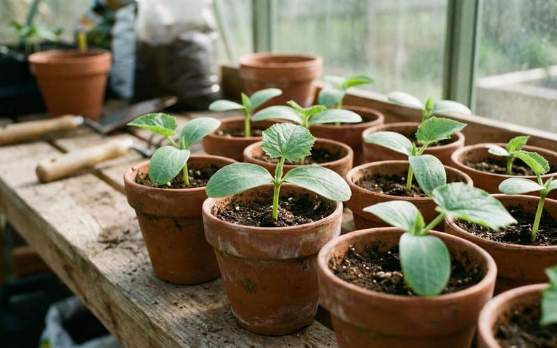 Cucumber seedlings in small pots on a potting bench showing first true leaves