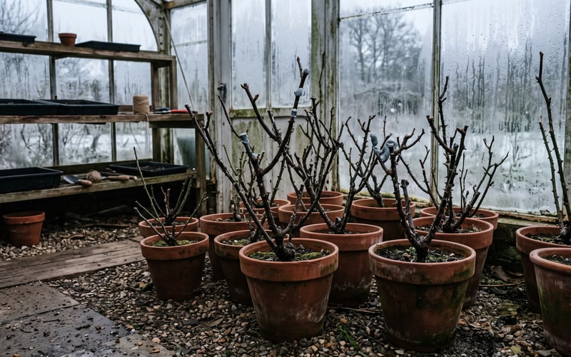 Dormant pruned rose bushes in pots resting in a cold greenhouse in winter