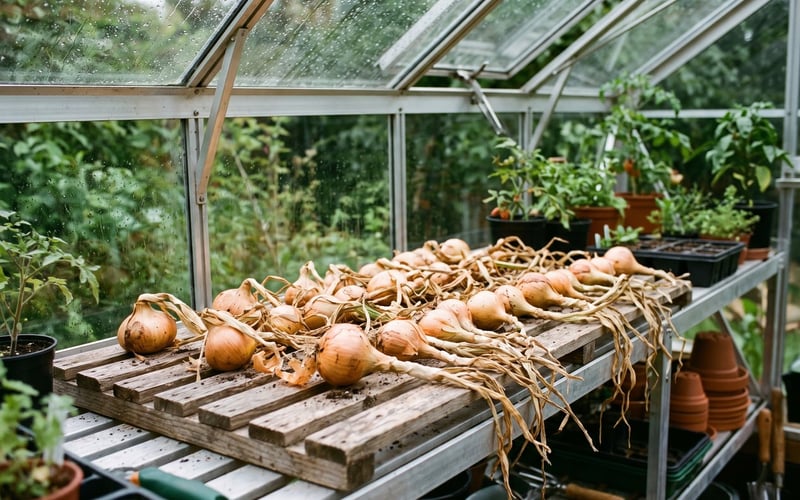 Freshly lifted onions drying on a slatted rack on greenhouse staging with the roof vents open on a rainy day