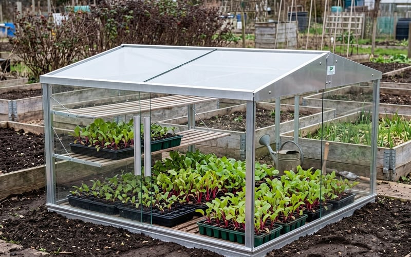 Module trays of beetroot seedlings inside an aluminium cold frame