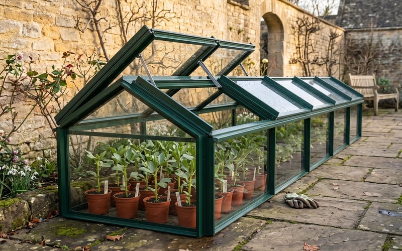 Broad bean seedlings in pots inside a green aluminium cold frame against a wall