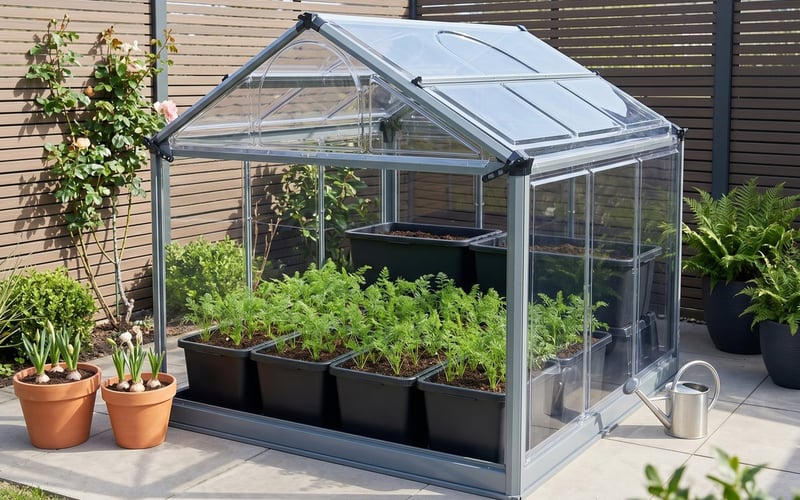 Early carrots growing in deep containers inside a raised cold frame