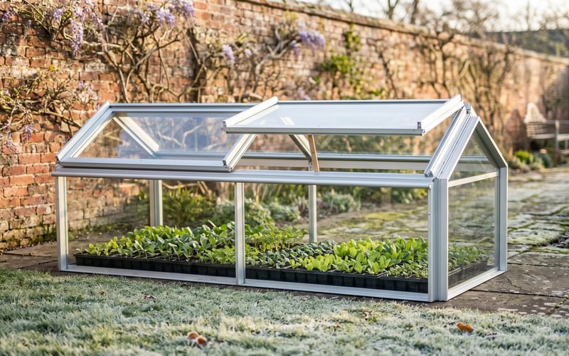 Cold frame filled with early vegetable seedlings in a UK garden in late winter