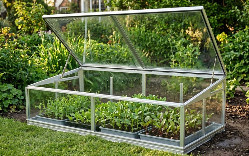 Cold frame with lid propped open hardening off vegetable seedlings in spring