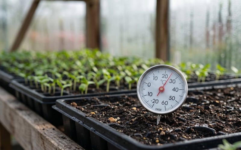Soil thermometer reading the compost temperature in a seed tray under glass