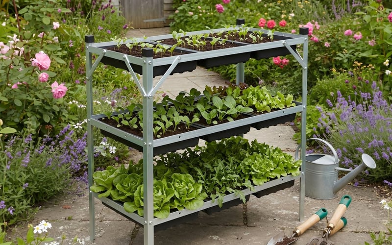 Elite 3 Tier 9 Seed Tray Frame in galvanised steel holding salad seedlings at three growth stages on a garden patio