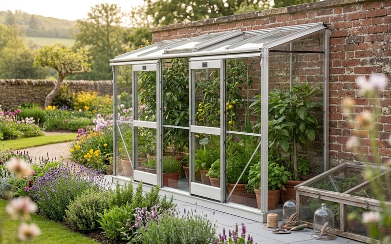 Elite Easygrow 2x10 aluminium lean to greenhouse attached to a south-facing brick wall in a UK garden with tomatoes and seed trays inside