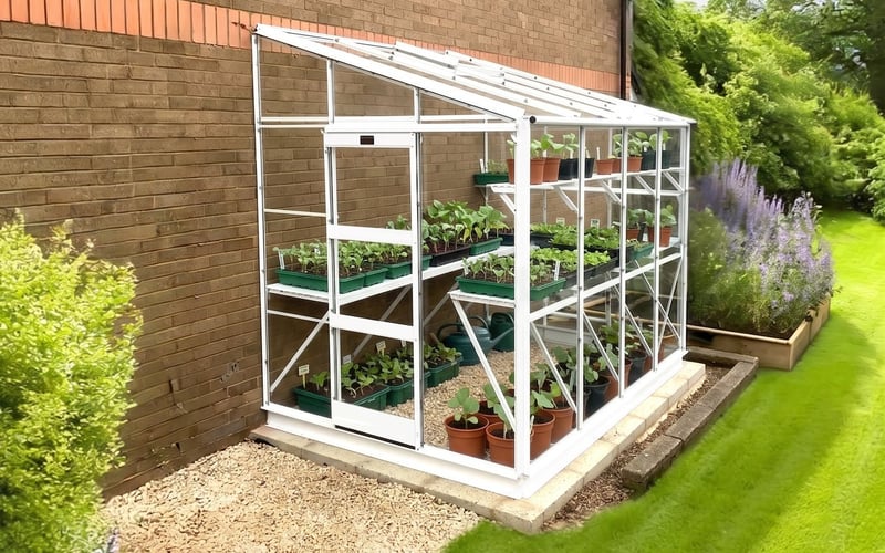 Elite Kensington 6x8 lean to greenhouse against a brick wall with module trays of early seedlings on the staging